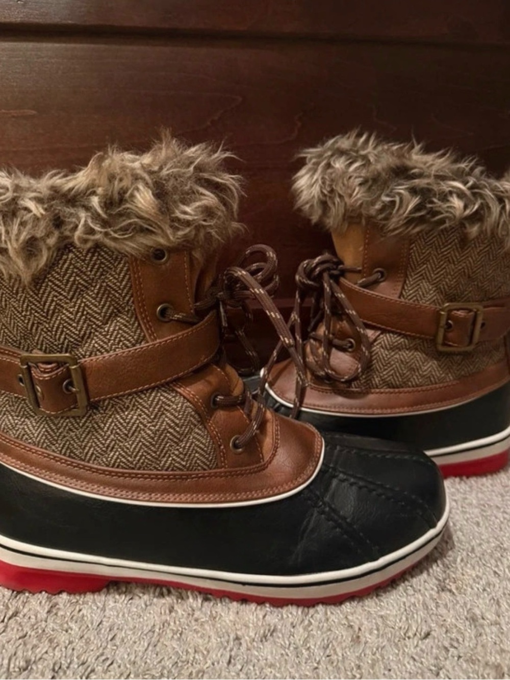 Women's Brown Faux-Fur Trim Winter Duck Boots